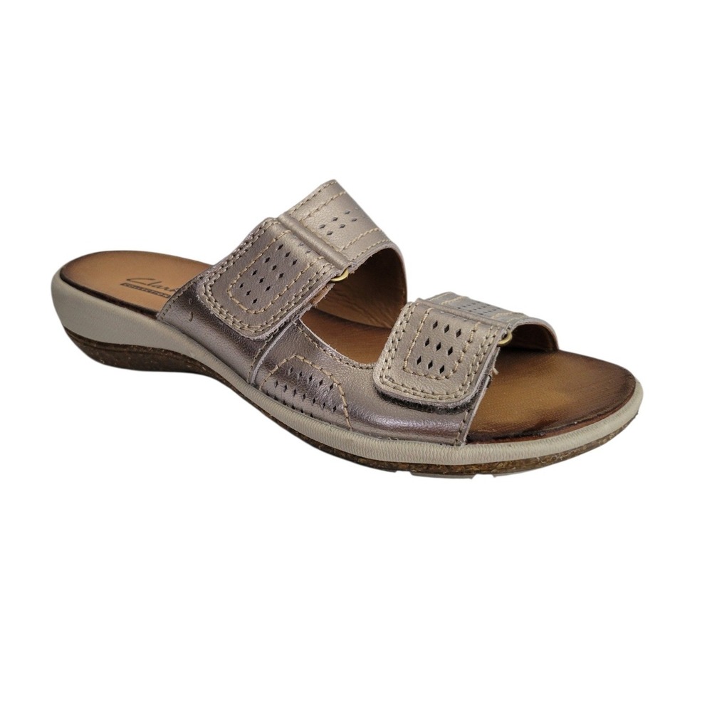 Clarks Collection Womens Metallic Leather Comfort Slide Sandals Size 5M